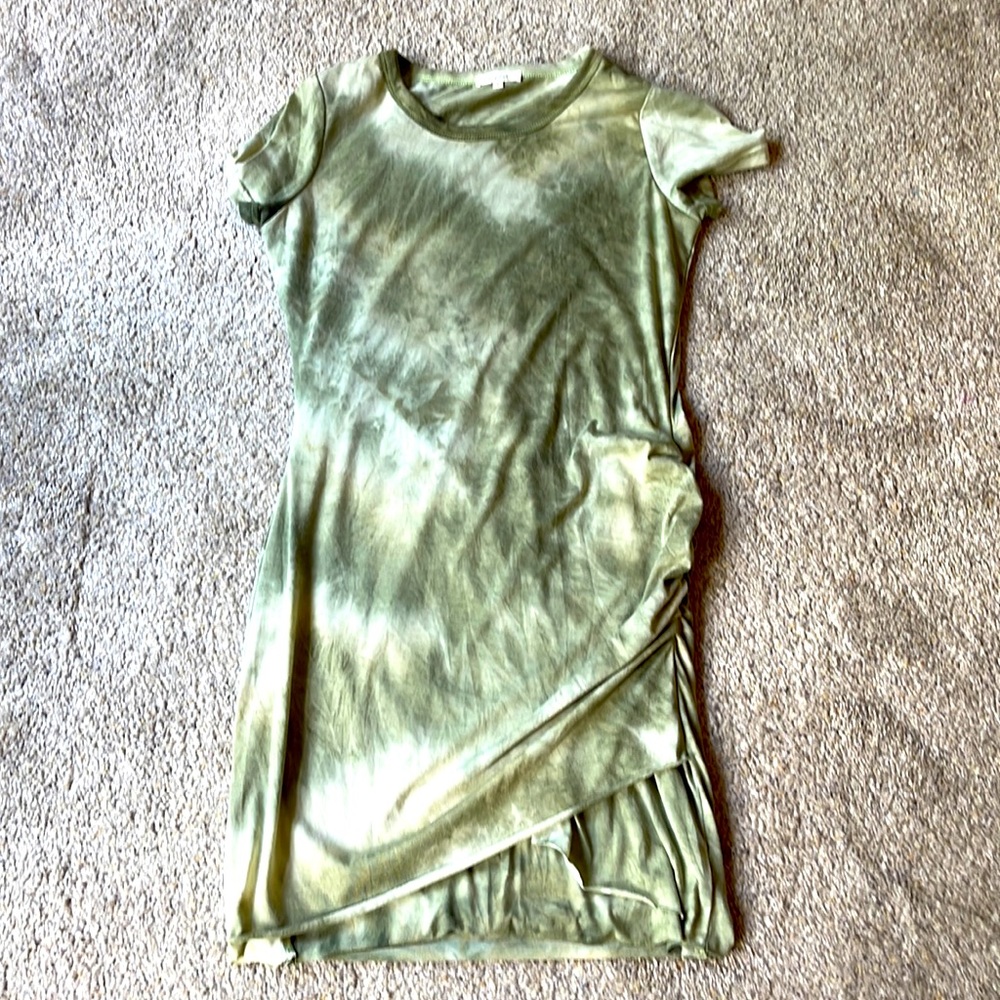 Green tie dye t-shirt dress with crisscross hem in front